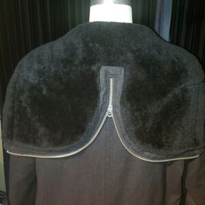 Theory black genuine shearling zip hood lambskin leather trim duck down coat